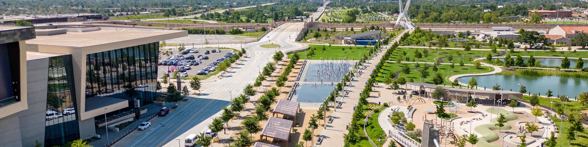 Aerial drone photo summer at Scissortail Park Oklahoma City circa 2023