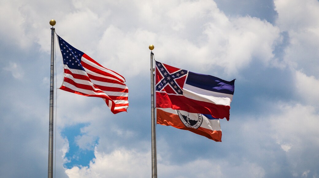 Flags of the United States, State of Mississippi and City of Brandon, MS waving in the wind