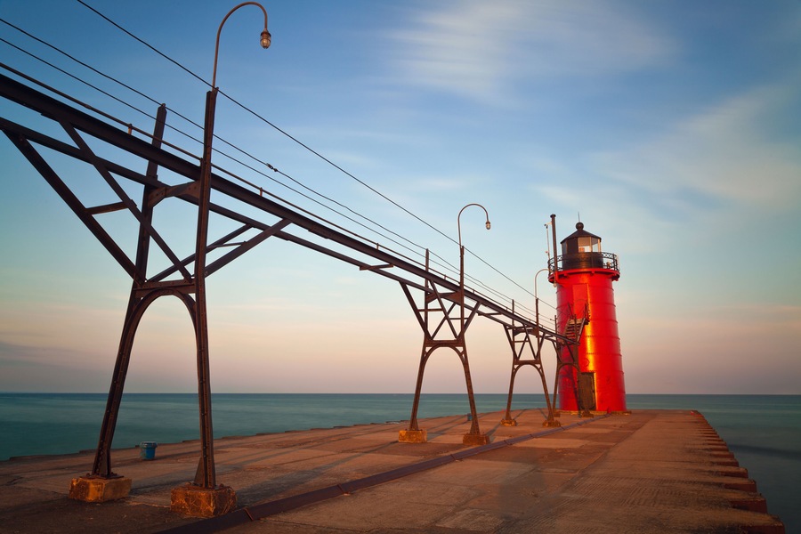 South Haven Lighthouse. Long exposure image of the South Haven Lighthouse at sunrise.; Shutterstock ID 108333773; purchase_order: SP-1269 HA 2018 Batch 1; Order: ; client: ; other: