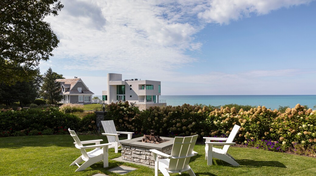 Lake Michigan Autumn landscape with lawn and fire pit
