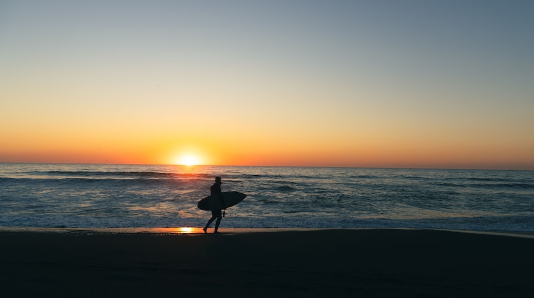 Surfer holding surfboard on a beach with the sunset in the background.