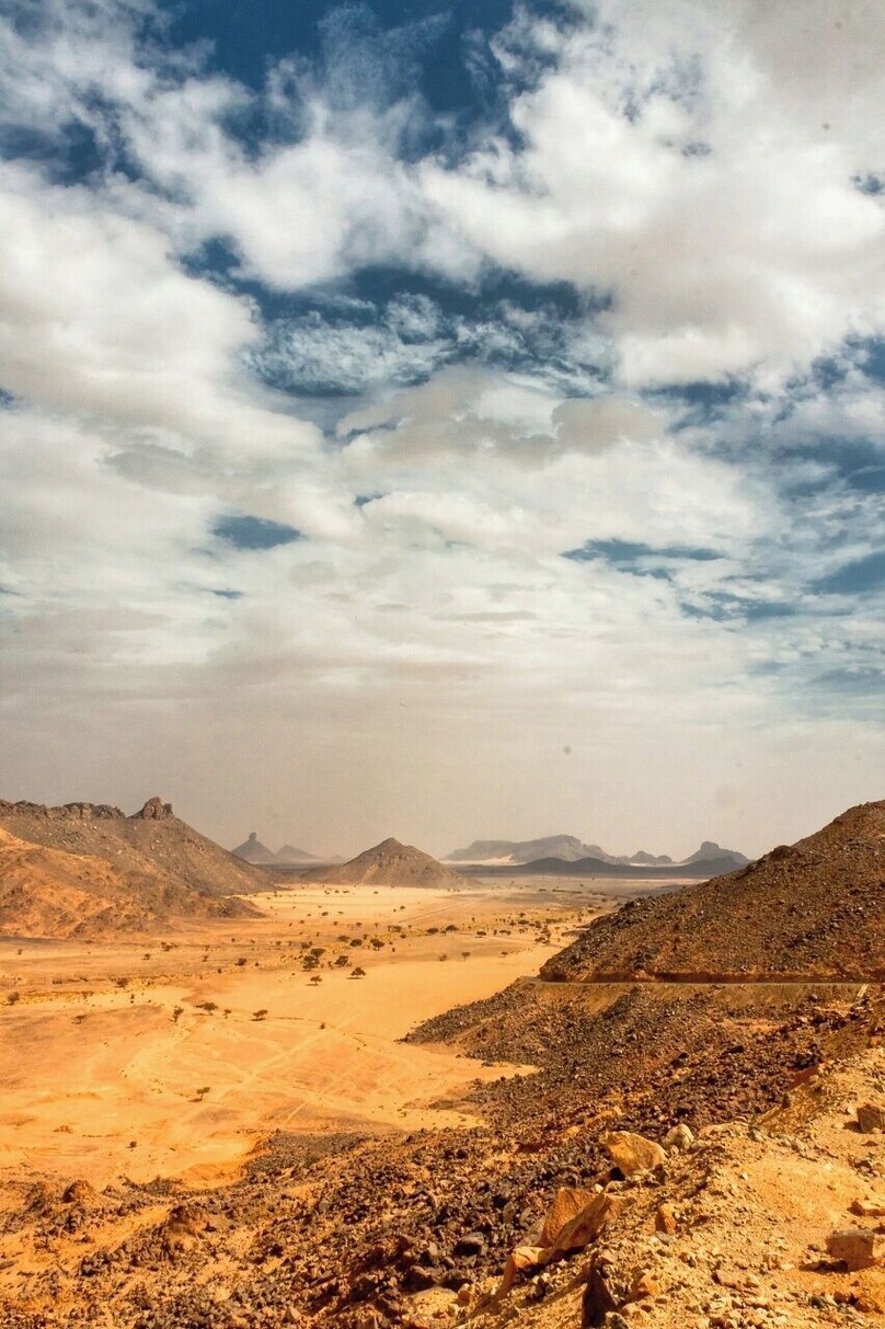 May 2011
Sahara, Tassili n'Ajer
view from pass (aqba) Tin Taharadjeli towards Erg Admer desert in the south. The pass is ca. 1.300 m and leads north to Iherir village. The sandstone sediments are typical for this part of Tassili n'Ajer region..