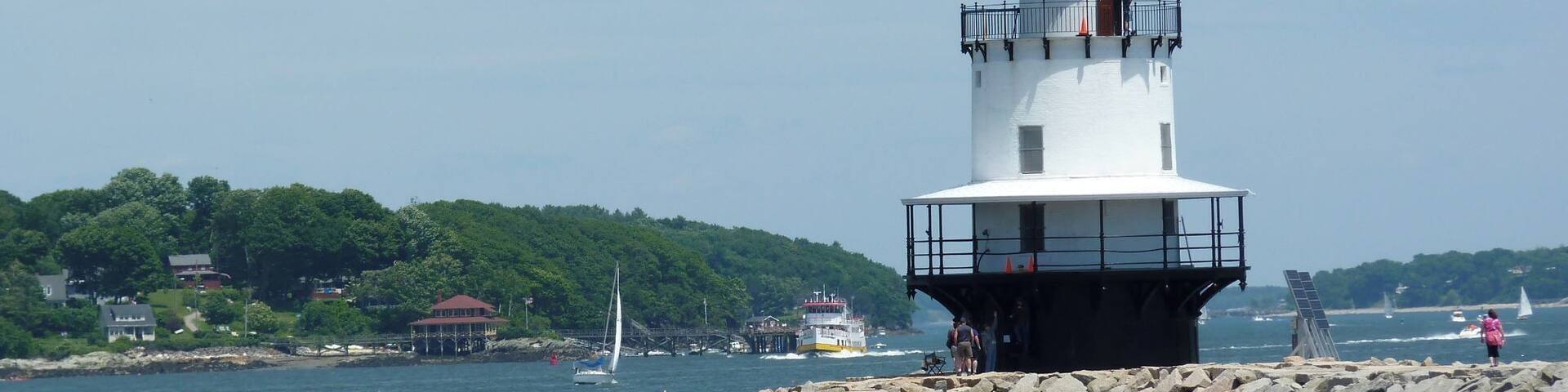 Maine Lighthouse Tour: Spring Point Ledge Light. This one you can actually tour, although you got a long, hard walk over huge breaker rocks ahead of you to do so! #lighthouse