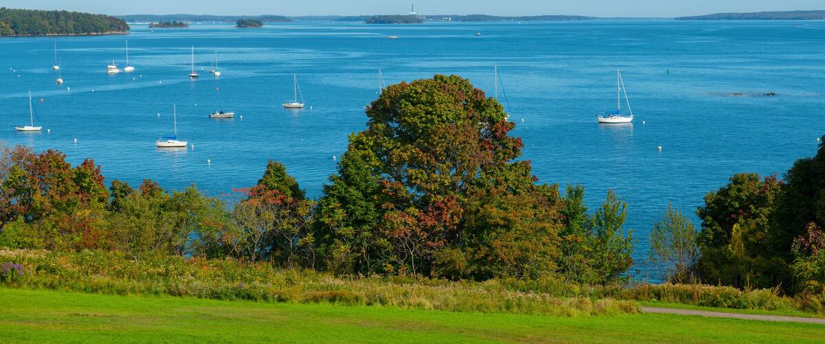 Portland Harbor aerial view from Eastern Promenade in East End, city of Portland, Maine ME, USA.