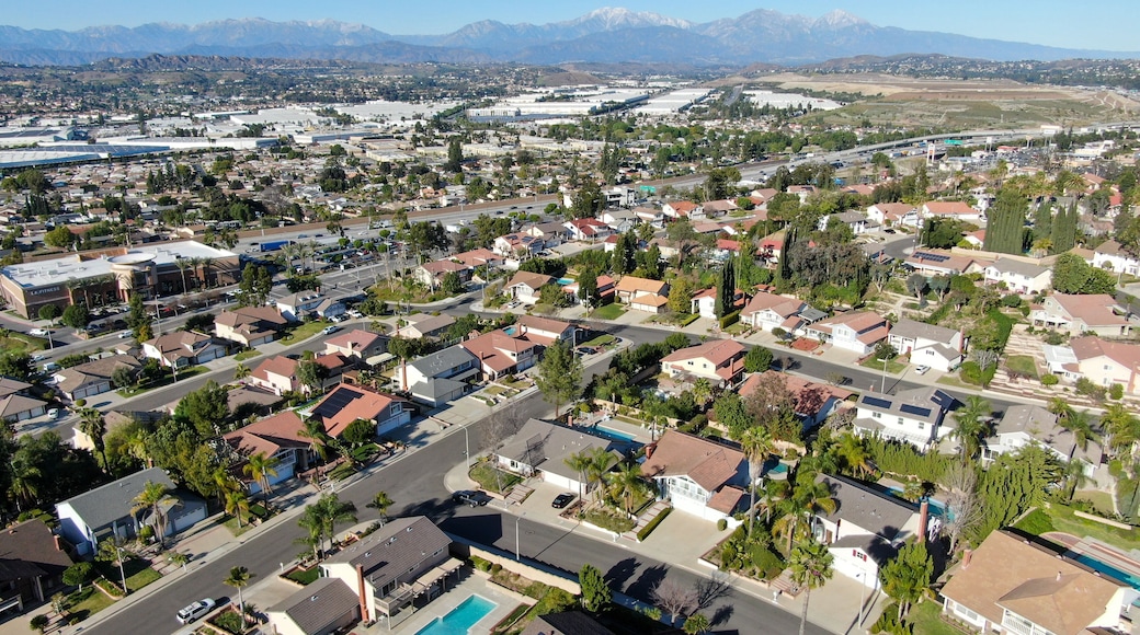 Aerial top view of residential subdivision house in Diamond Bar, Eastern Los Angeles, California, USA