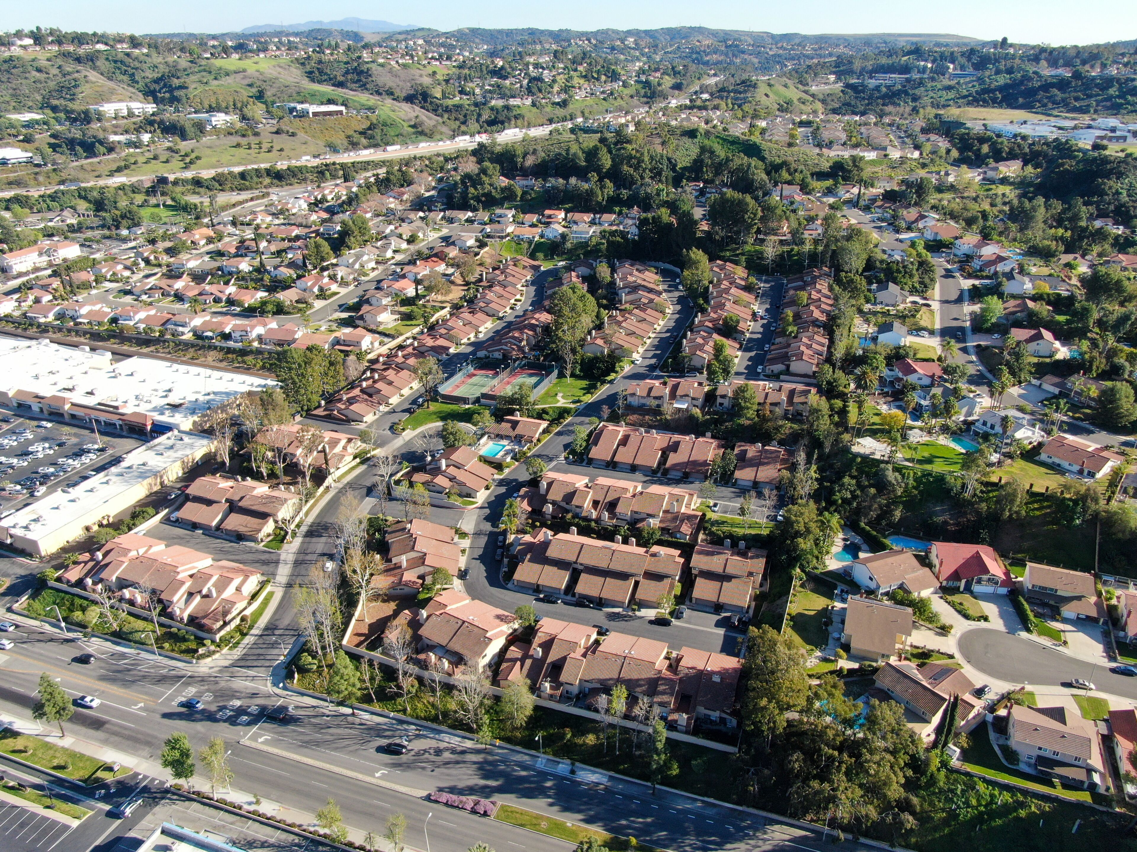 Aerial top view of residential subdivision house in Diamond Bar, Eastern Los Angeles, California, USA