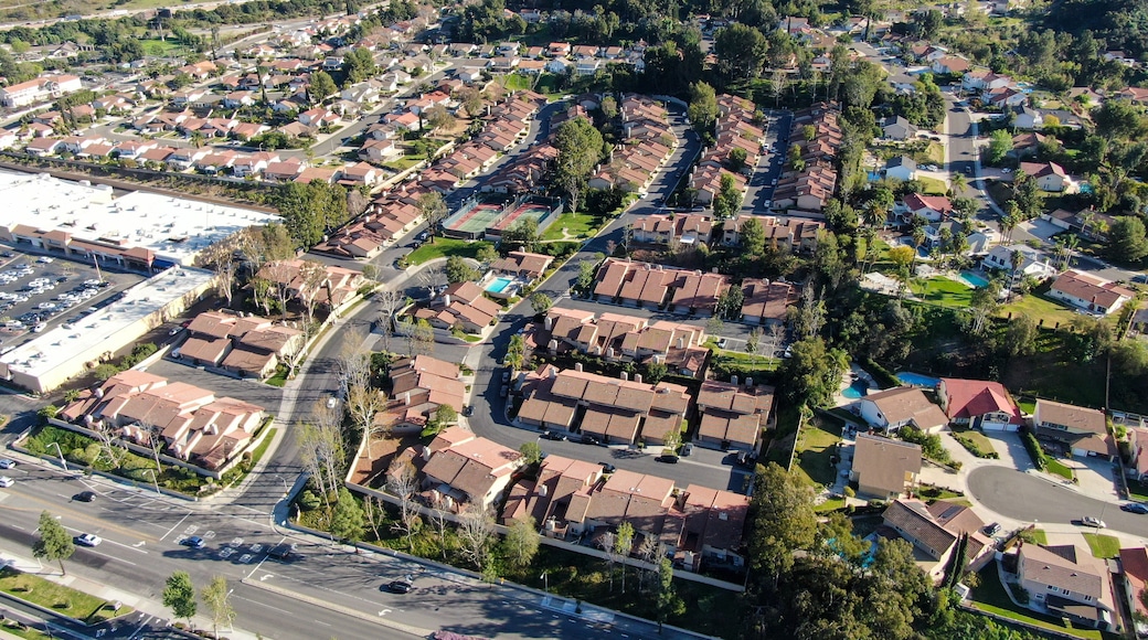 Aerial top view of residential subdivision house in Diamond Bar, Eastern Los Angeles, California, USA