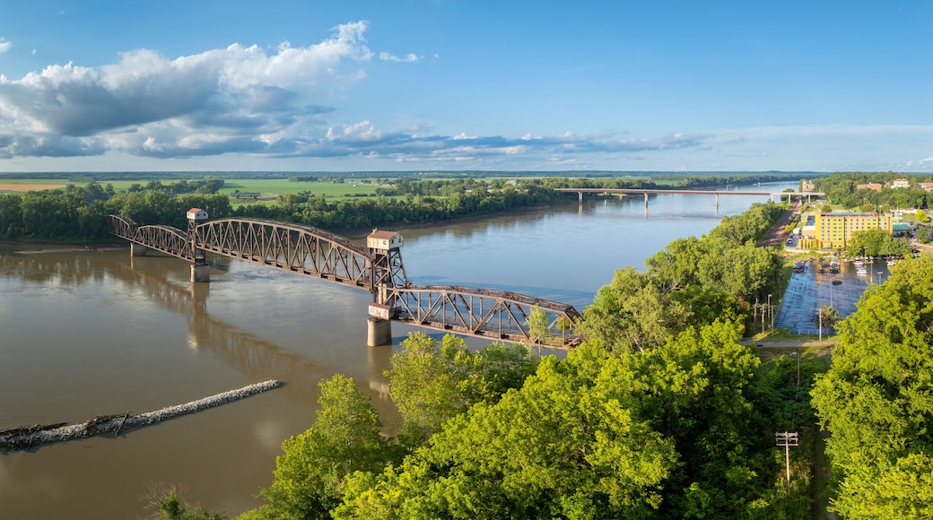 Historic railroad Katy Bridge over Missouri River at Boonville with a lifted midsection - summer aerial view