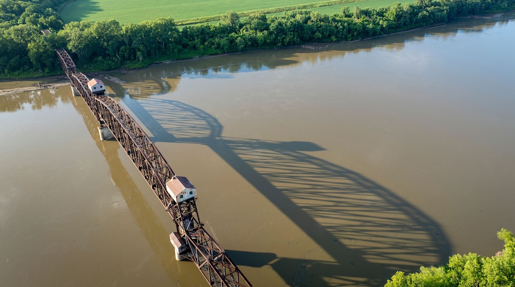 Historic railroad Katy Bridge over Missouri River at Boonville with a lifted midsection and visitor observation deck - aerial view