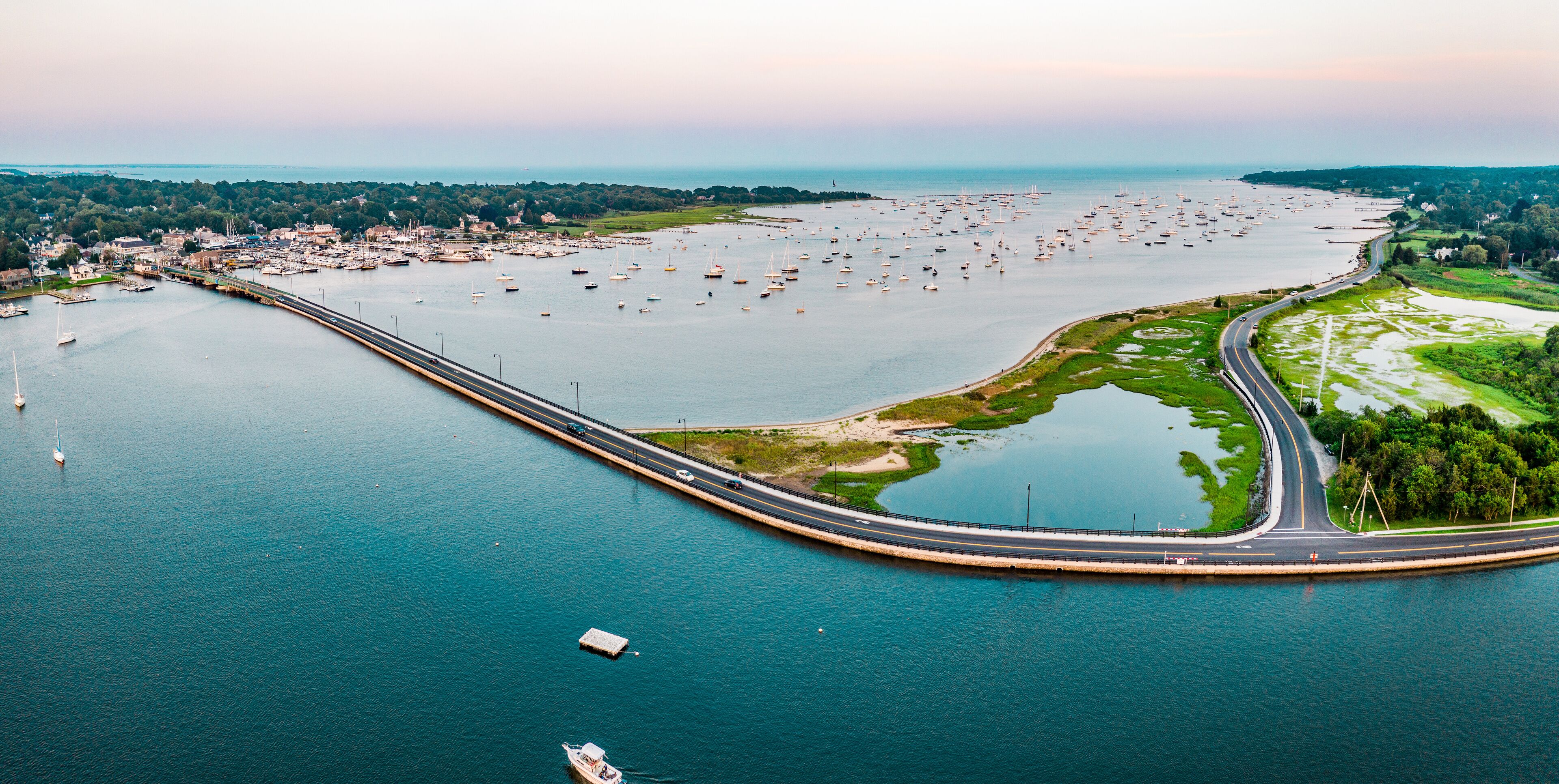 Padanaram Harbor and bridge before sunset