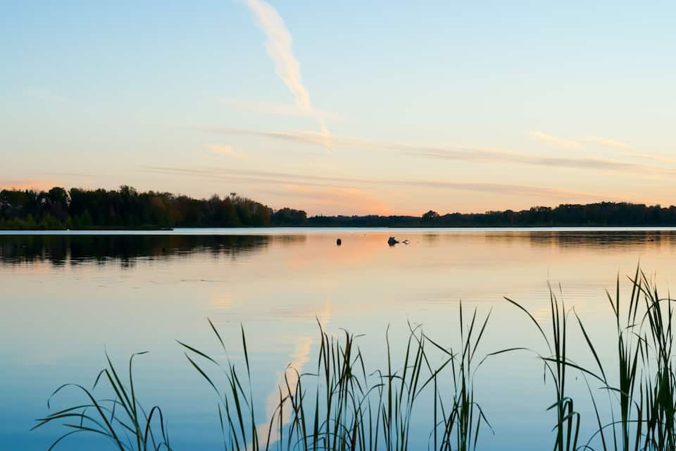 Un lago sereno al atardecer con reflejos del cielo, rodeado de árboles y juncos.