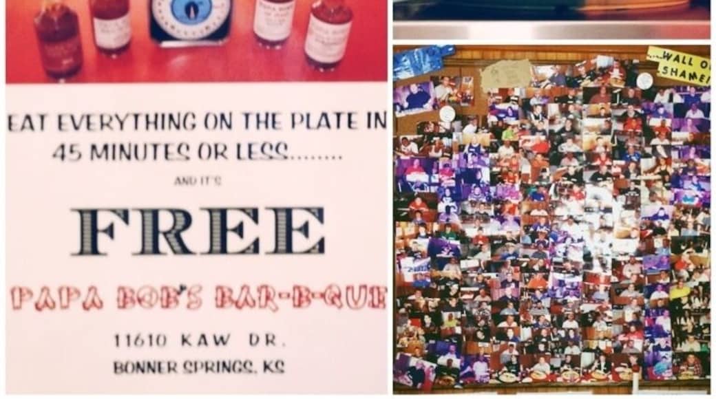 Ok, so I don't write about or "review" food very often. However, in a case like this, I need to. We've all heard at some point or another that Kansas City is the place for BBQ. Today I was in Bonner Springs, a small town just outside of K.C. There really isn't any reason to ever go there, unless, you want a phenomenal BBQ experience. You will be met by some exceptionally nice & friendly owners, Papa Bob and his wife. The place is only 5 years old, and for the most part, off the beaten path. But Papa Bob has made a name for himself out here. This is BBQ country, and when it comes to BBQ, no one is counting calories; especially, Adam Richman, star of The Food Network's, "Man vs. Food." Adam was at Papa Bob's not too long ago, attempting to defeat "The Ultimate Destroyer Challenge!" What is it you ask? I'll let Papa Bob tell you...
"SPREAD OUT ON THE FIRST LAYER OF THE 12” HOAGIE BUN IS A HALF POUND OF MOUTHWATERING PULLED PORK. ATOP THAT, A HALF POUND OF HICKORY SMOKED SLICED PORK. ABOVE A GENEROUS SQUIRT OF PAPA BOB’S REGULAR SAUCE, WE ADD TWO SLICES OF BREAD. NEXT COMES A HALF POUND LAYER OF SLICED, HICKORY SMOKED HAM WITH A HALF POUND LAYER OF HICKORY SMOKED TURKEY BREAST ABOVE THAT. FOLLOWING THE SAUCE AND TWO MORE PIECES OF BREAD, ADD THREE, COUNT ‘EM, THREE, HALF POUND HICKORY SMOKED HAMBURGERS WITH ANOTHER GENEROUS SQUIRT OF SAUCE. ADD THE BREAD AND HERE COMES THE BEEF. A HALF POUND OF TENDER HICKORY SMOKED BRISKET SPREAD OUT WITH A HALF POUND OF LEAN, HICKORY SMOKED BBQ SAUSAGE AS THE LAST LAYER FOLLOWED WITH YET ANOTHER SQUIRT OF SAUCE. ALL THIS WILL TRY TO BE CAMOUFLAGED WITH THE TOP OF THE HOAGIE BUN.
FOR YOUR CULINARY ENJOYMENT, WE’RE ADDING ONE AND ONE HALF POUNDS OF FRIES AND FOUR DILL PICKLE SPEARS OR FOUR JALAPENO PEPPERS TO COMPLETE THE “ULTIMATE DESTROYER CHALLENGE”
Drooling yet? Think you could handle all of that? Well, if you think you can muster to put down all 4 1/2 lbs of this meal'o'heartattack, then you should give it a shot. Because if you can clean your plate in under 45 minutes; that $55 sandwich you just ordered will be free! Plus, you'll get your picture up on the wall next to the two others that have completed the challenge successfully. If you don't finish it in under 45 minutes, you still get your picture on the wall, you just get to have your picture next to Adam's on Papa Bob's "Wall of Shame."
Next time you're traveling through Kansas City, do yourself a huge favor and stop by here. It is a delightful experience! And if you don't want the Ultimate Destroyer, than try the burnt ends... They're absolutely amazing!