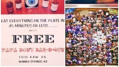 Ok, so I don't write about or "review" food very often. However, in a case like this, I need to. We've all heard at some point or another that Kansas City is the place for BBQ. Today I was in Bonner Springs, a small town just outside of K.C. There really isn't any reason to ever go there, unless, you want a phenomenal BBQ experience. You will be met by some exceptionally nice & friendly owners, Papa Bob and his wife. The place is only 5 years old, and for the most part, off the beaten path. But Papa Bob has made a name for himself out here. This is BBQ country, and when it comes to BBQ, no one is counting calories; especially, Adam Richman, star of The Food Network's, "Man vs. Food." Adam was at Papa Bob's not too long ago, attempting to defeat "The Ultimate Destroyer Challenge!" What is it you ask? I'll let Papa Bob tell you...
"SPREAD OUT ON THE FIRST LAYER OF THE 12” HOAGIE BUN IS A HALF POUND OF MOUTHWATERING PULLED PORK. ATOP THAT, A HALF POUND OF HICKORY SMOKED SLICED PORK. ABOVE A GENEROUS SQUIRT OF PAPA BOB’S REGULAR SAUCE, WE ADD TWO SLICES OF BREAD. NEXT COMES A HALF POUND LAYER OF SLICED, HICKORY SMOKED HAM WITH A HALF POUND LAYER OF HICKORY SMOKED TURKEY BREAST ABOVE THAT. FOLLOWING THE SAUCE AND TWO MORE PIECES OF BREAD, ADD THREE, COUNT ‘EM, THREE, HALF POUND HICKORY SMOKED HAMBURGERS WITH ANOTHER GENEROUS SQUIRT OF SAUCE. ADD THE BREAD AND HERE COMES THE BEEF. A HALF POUND OF TENDER HICKORY SMOKED BRISKET SPREAD OUT WITH A HALF POUND OF LEAN, HICKORY SMOKED BBQ SAUSAGE AS THE LAST LAYER FOLLOWED WITH YET ANOTHER SQUIRT OF SAUCE. ALL THIS WILL TRY TO BE CAMOUFLAGED WITH THE TOP OF THE HOAGIE BUN.
FOR YOUR CULINARY ENJOYMENT, WE’RE ADDING ONE AND ONE HALF POUNDS OF FRIES AND FOUR DILL PICKLE SPEARS OR FOUR JALAPENO PEPPERS TO COMPLETE THE “ULTIMATE DESTROYER CHALLENGE”
Drooling yet? Think you could handle all of that? Well, if you think you can muster to put down all 4 1/2 lbs of this meal'o'heartattack, then you should give it a shot. Because if you can clean your plate in under 45 minutes; that $55 sandwich you just ordered will be free! Plus, you'll get your picture up on the wall next to the two others that have completed the challenge successfully. If you don't finish it in under 45 minutes, you still get your picture on the wall, you just get to have your picture next to Adam's on Papa Bob's "Wall of Shame."
Next time you're traveling through Kansas City, do yourself a huge favor and stop by here. It is a delightful experience! And if you don't want the Ultimate Destroyer, than try the burnt ends... They're absolutely amazing!