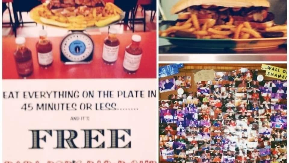 A menu for Papa Bob's Bar-B-Que with a challenge to eat everything on the plate in 45 minutes or less for free.