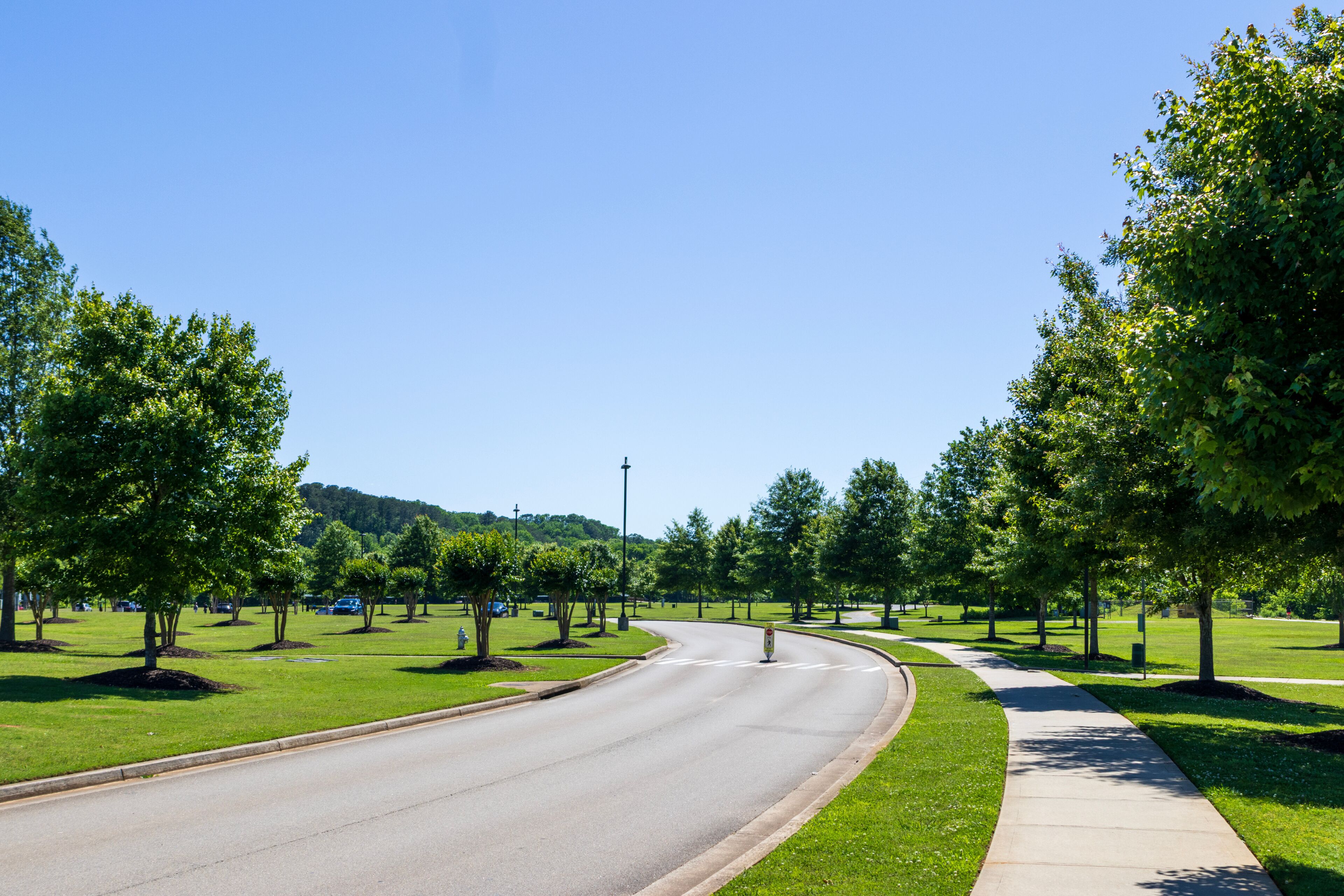 A long winding road in a gorgeous landscape at Etowah River Park with lush green trees and grass in Canton Georgia USA