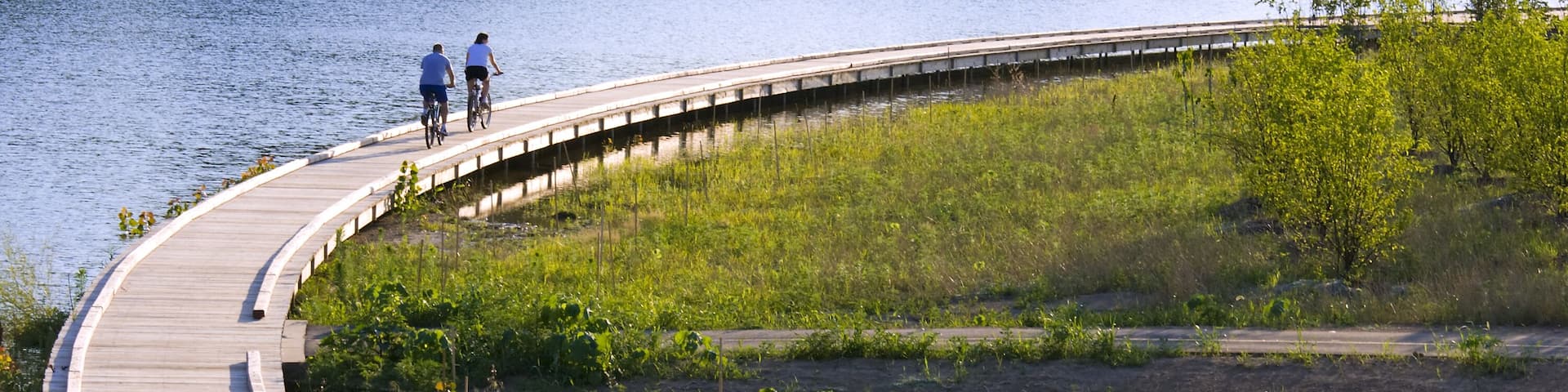 Bicyclists are riding along the boardwalk. Evening scene in a city park, Carmel, IN; Shutterstock ID 3963700; Purchase Order: -
