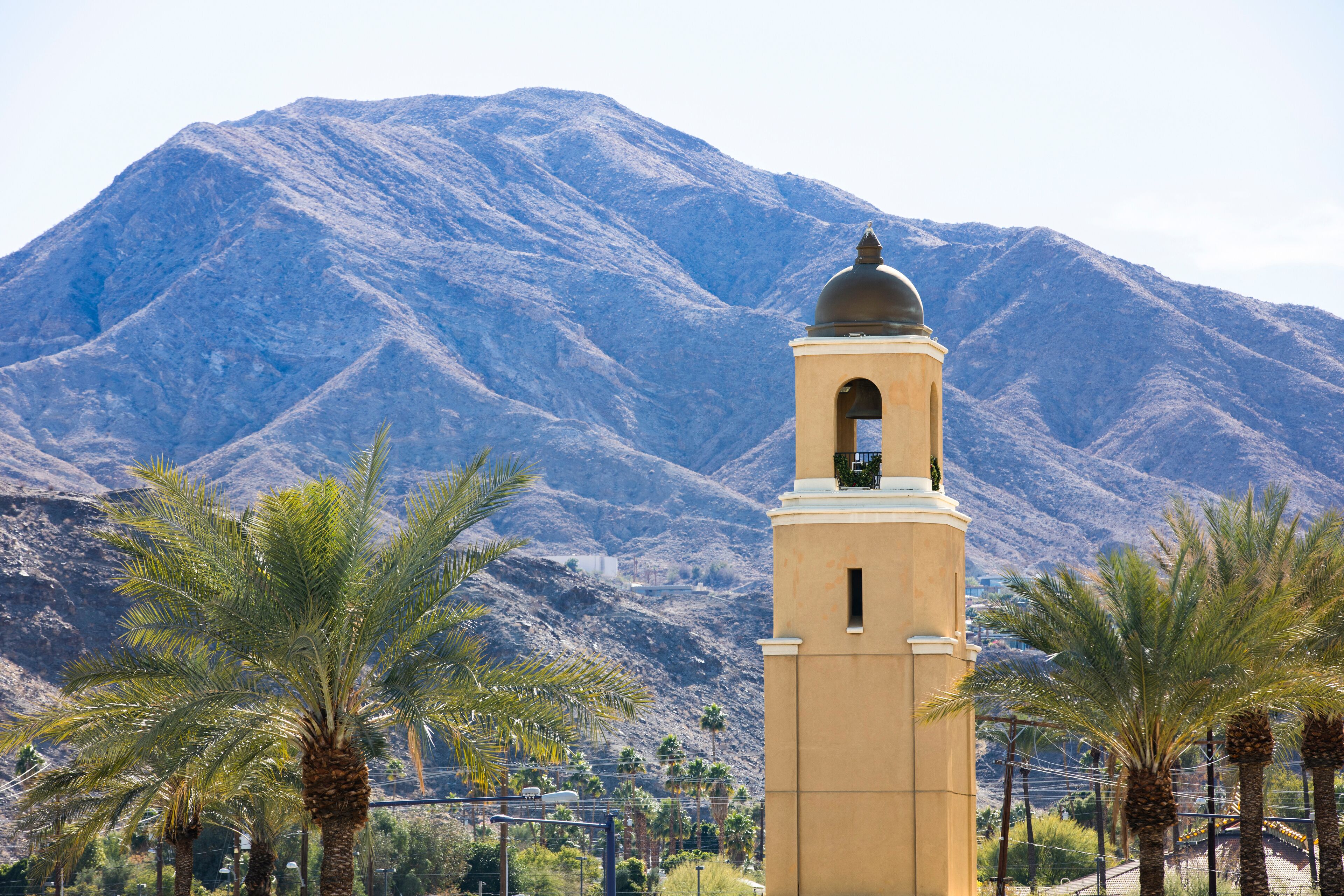 Sunny daytime view of the skyline and Civic Center of downtown Cathedral City, California, USA.