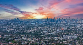 Panorama Sunset aerial drone view of western Sydney Suburbs of Canterbury Burwood Ashfield Marrickville Campsie with Houses roads and parks in Sydney New South Wales NSW Australia