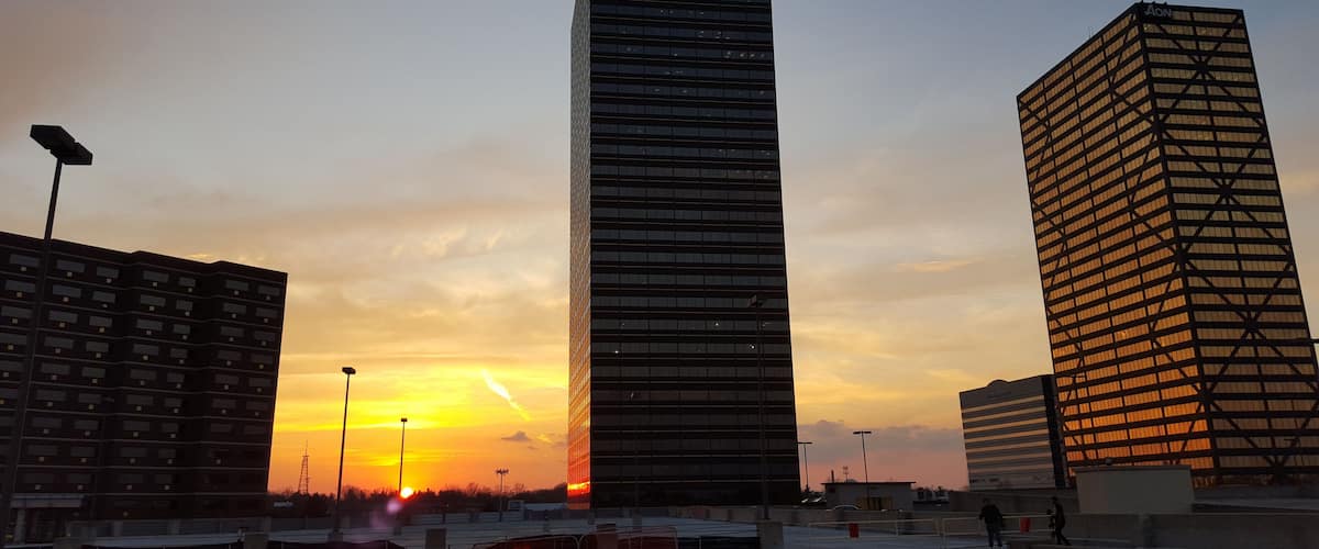 View of the skyscrapers in Downtown Southfield, Michigan at sunset. Southfield's downtown began as an edge city in the suburbs of Detroit.