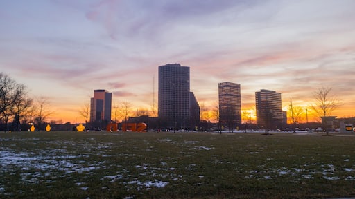 View of Downtown Southfield at sunset in the winter time.
