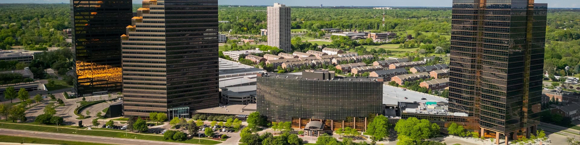 Aerial view of Southfield city with modern office buildings, is a northern suburb of Metro Detroit
