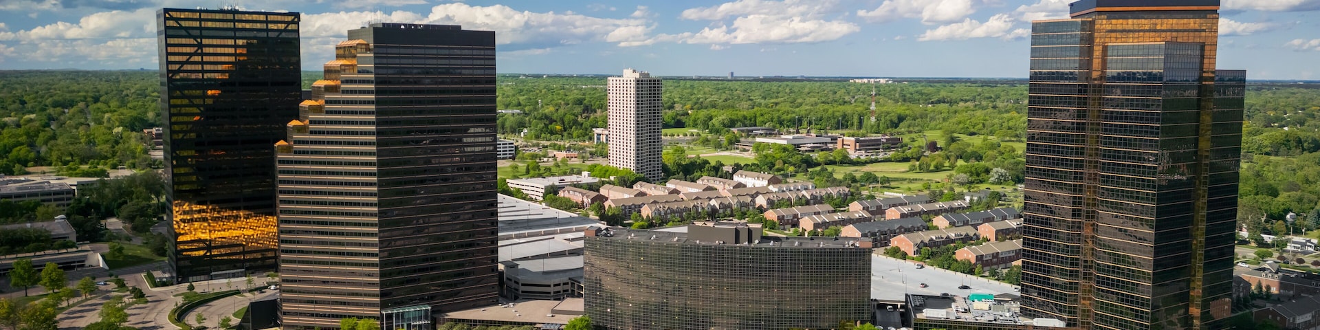 Aerial view of Southfield city with modern office buildings, is a northern suburb of Metro Detroit