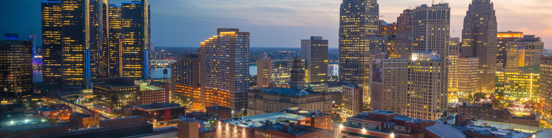 Aerial view of downtown Detroit at twilight