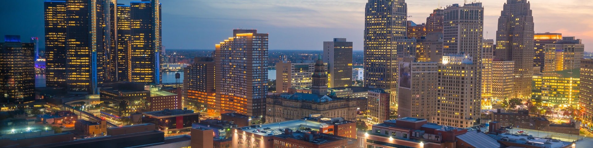Aerial view of downtown Detroit at twilight