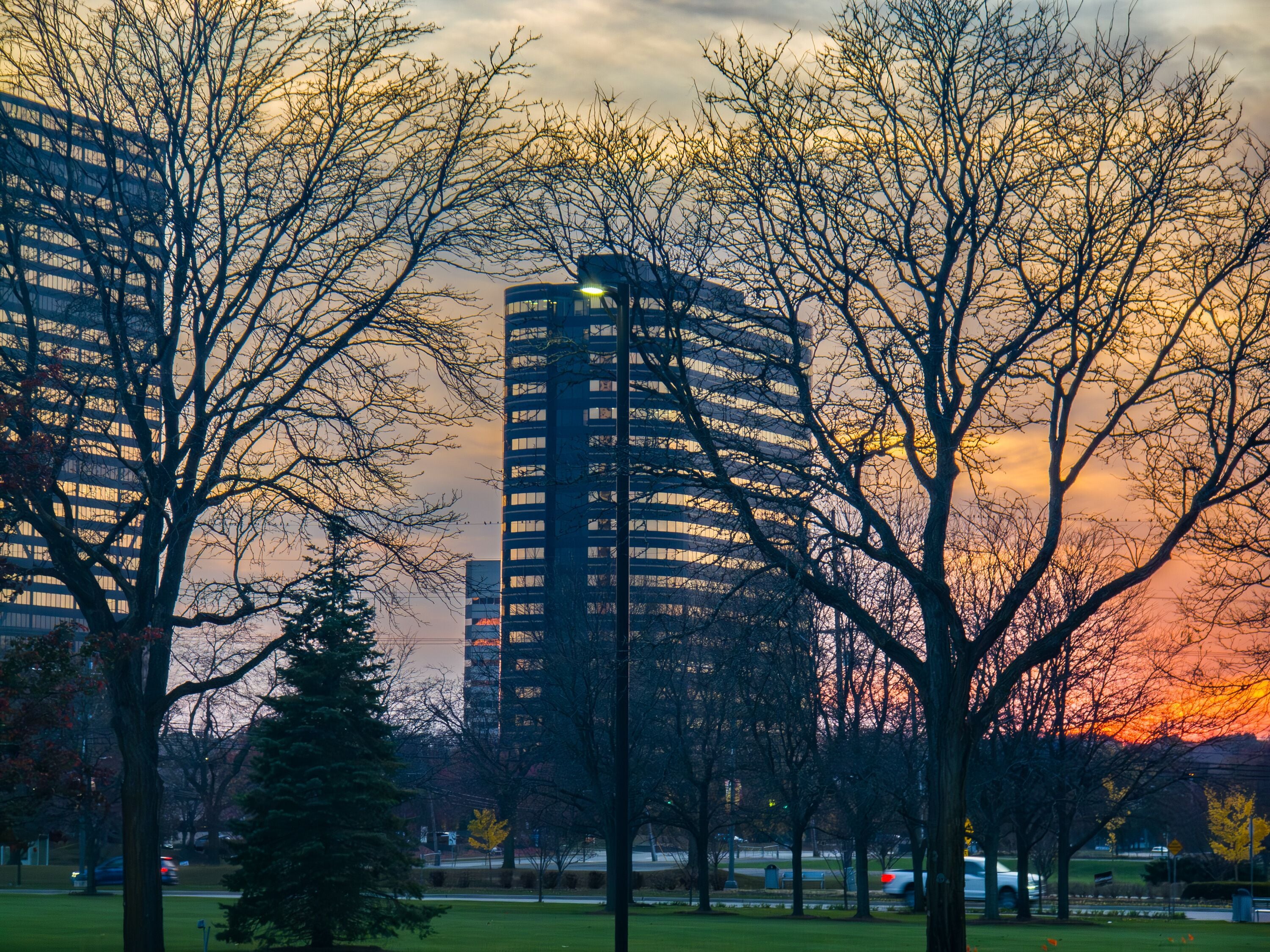 Southfield City Centre  gold skyscrapers downtown Southfield skyline at sunset through the trees on the front lawn at the Southfield Municipal Campus at sunset