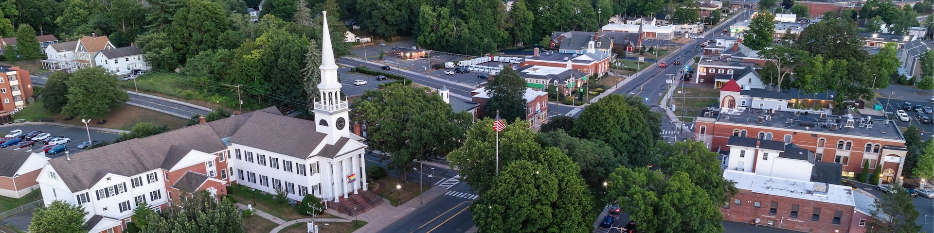 Southington, Connecticut, USA Downtown Aerial View, Main Street, First Congregational Church