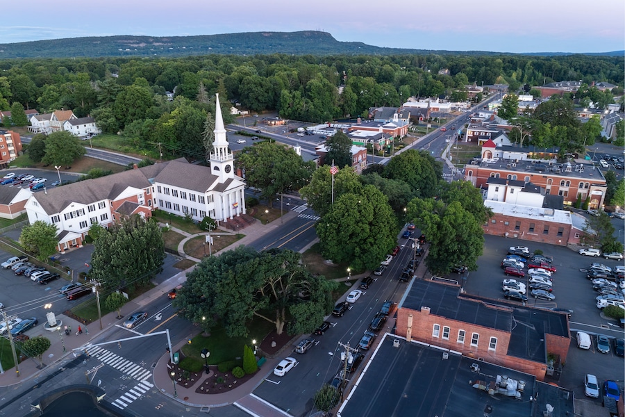 Southington, Connecticut, USA Downtown Aerial View, Main Street, First Congregational Church