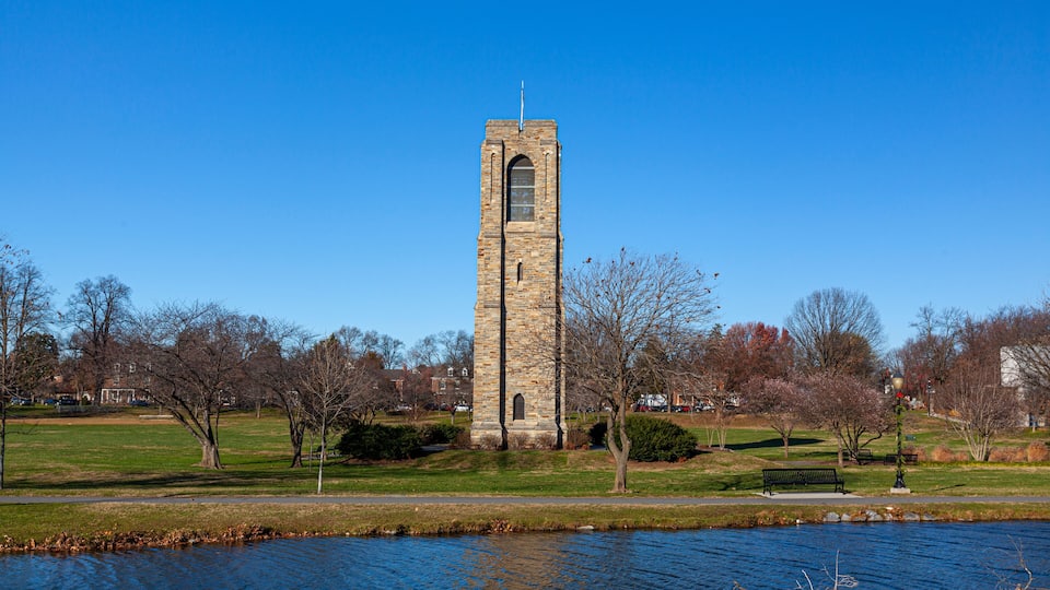 A tall stone tower in a park with a clear blue sky.