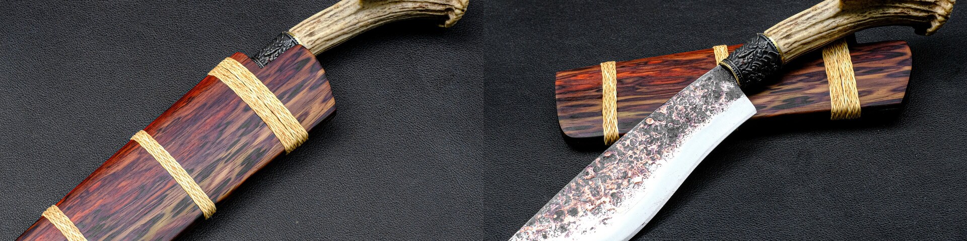 Dos cuchillos de madera con mangos envueltos en cuerda, sobre una superficie oscura.