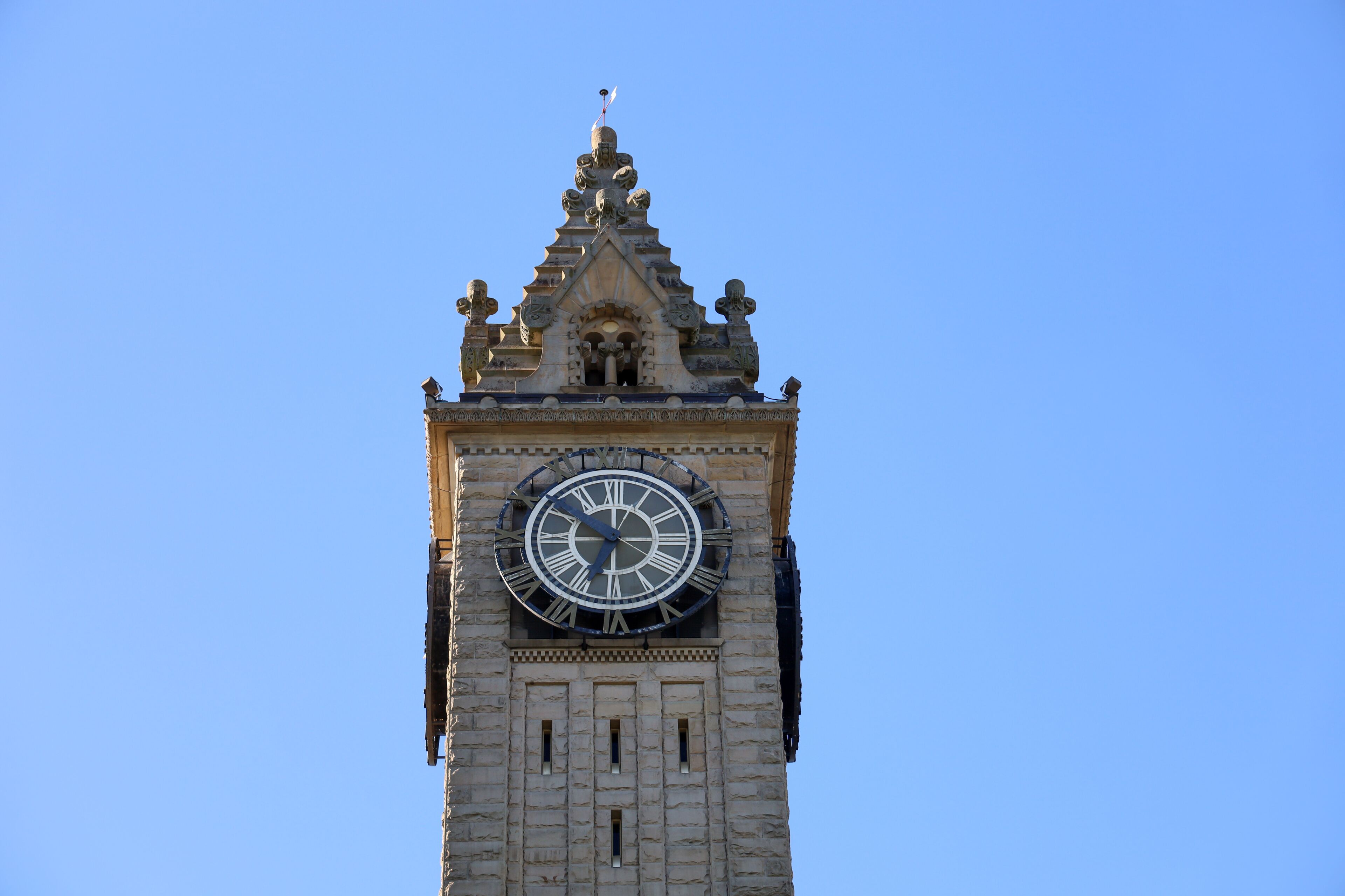 View of the tower with clock at the Bowling Green Municipal Court building in Bowling Green Ohio. USA