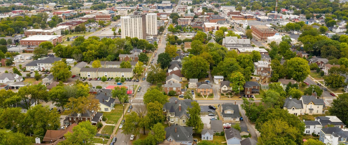 A cityscape with a mix of residential and commercial buildings, surrounded by greenery.