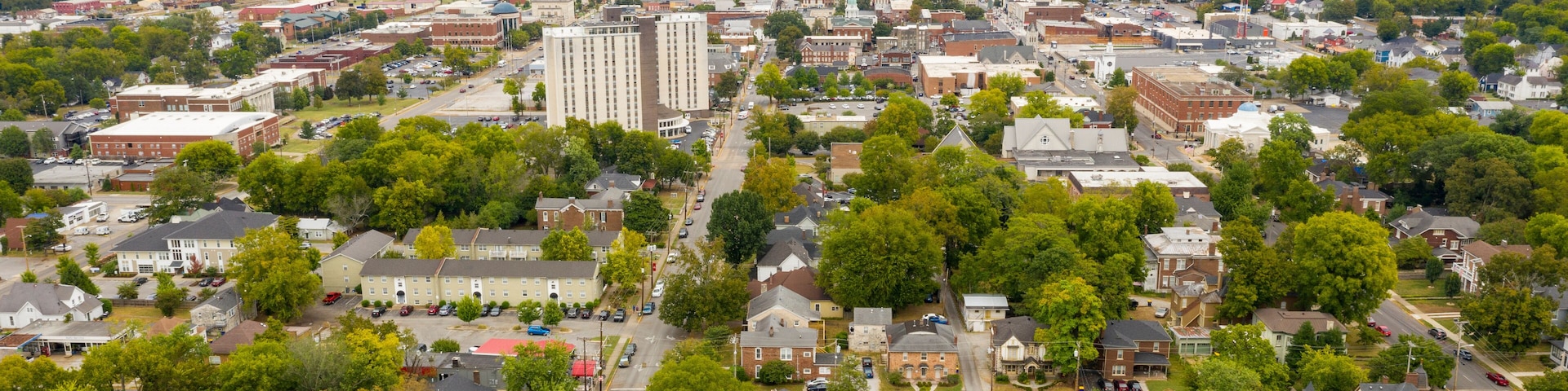 A cityscape with a mix of residential and commercial buildings, surrounded by greenery.