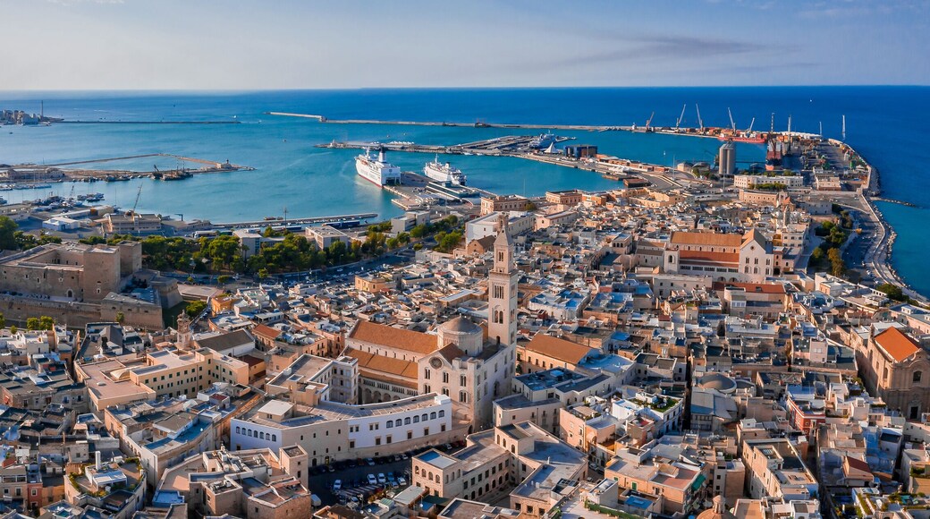 Aerial view of Bari old town. View of the Bari Cathedral (Saint Sabino) and "San Nicola Basilica", Bari second Cathedral. These churches were built during middle ages.