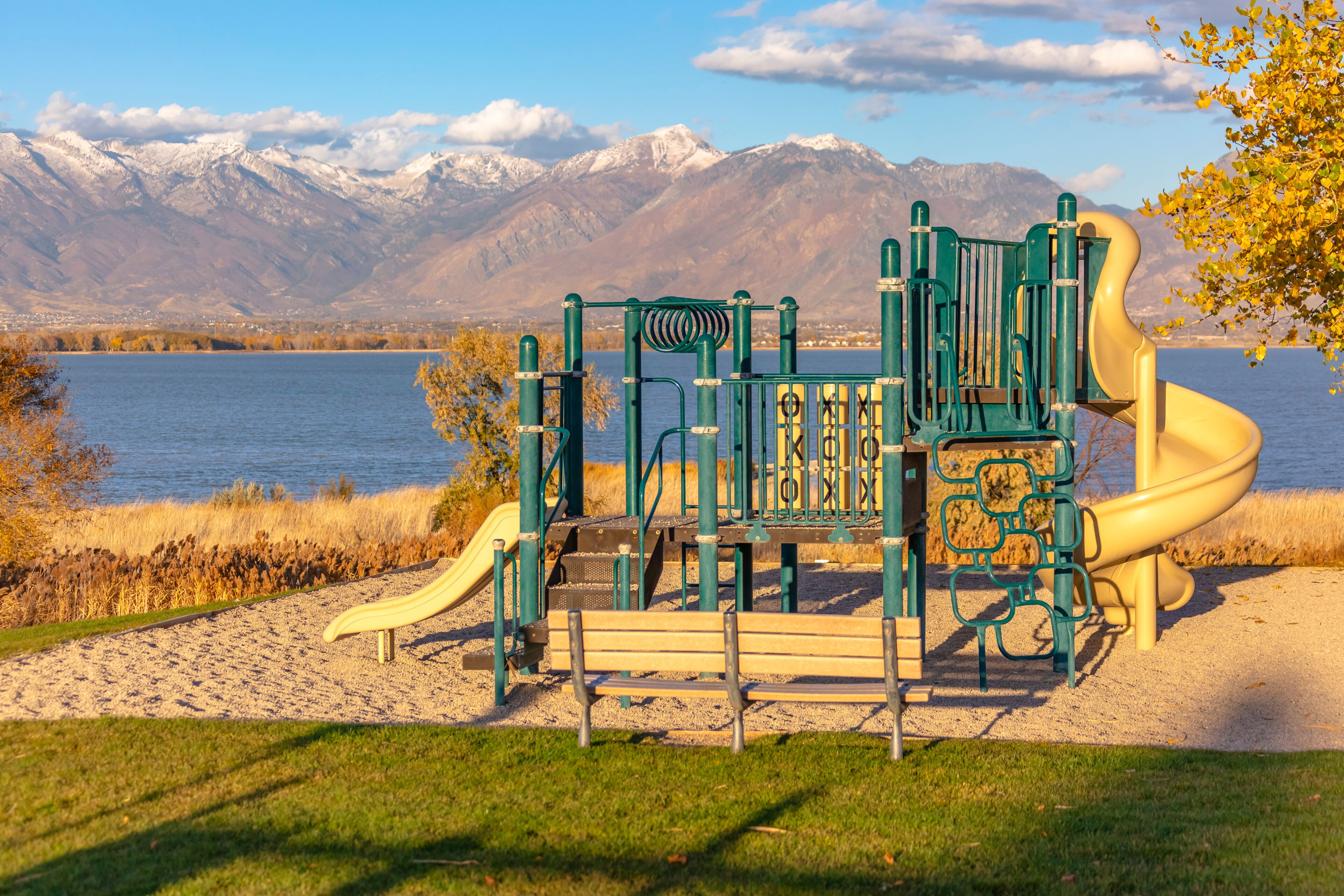Playground in front of Utah Lake and Mountains
