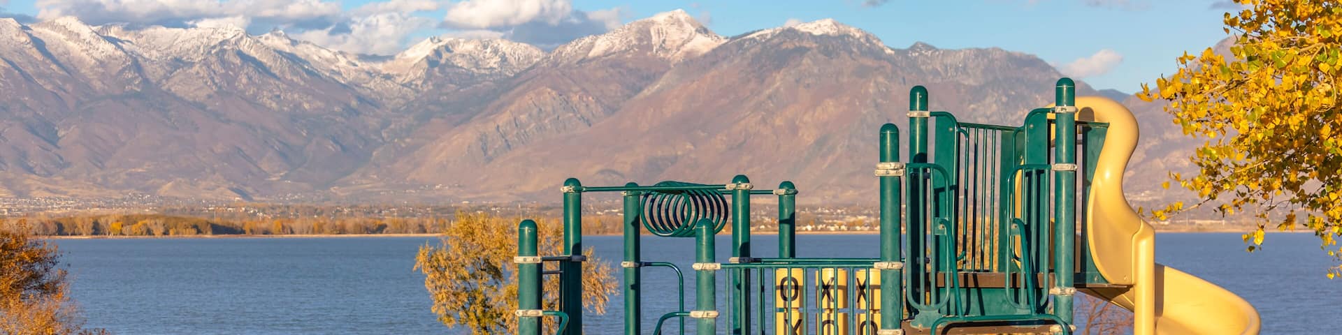 Playground in front of Utah Lake and Mountains