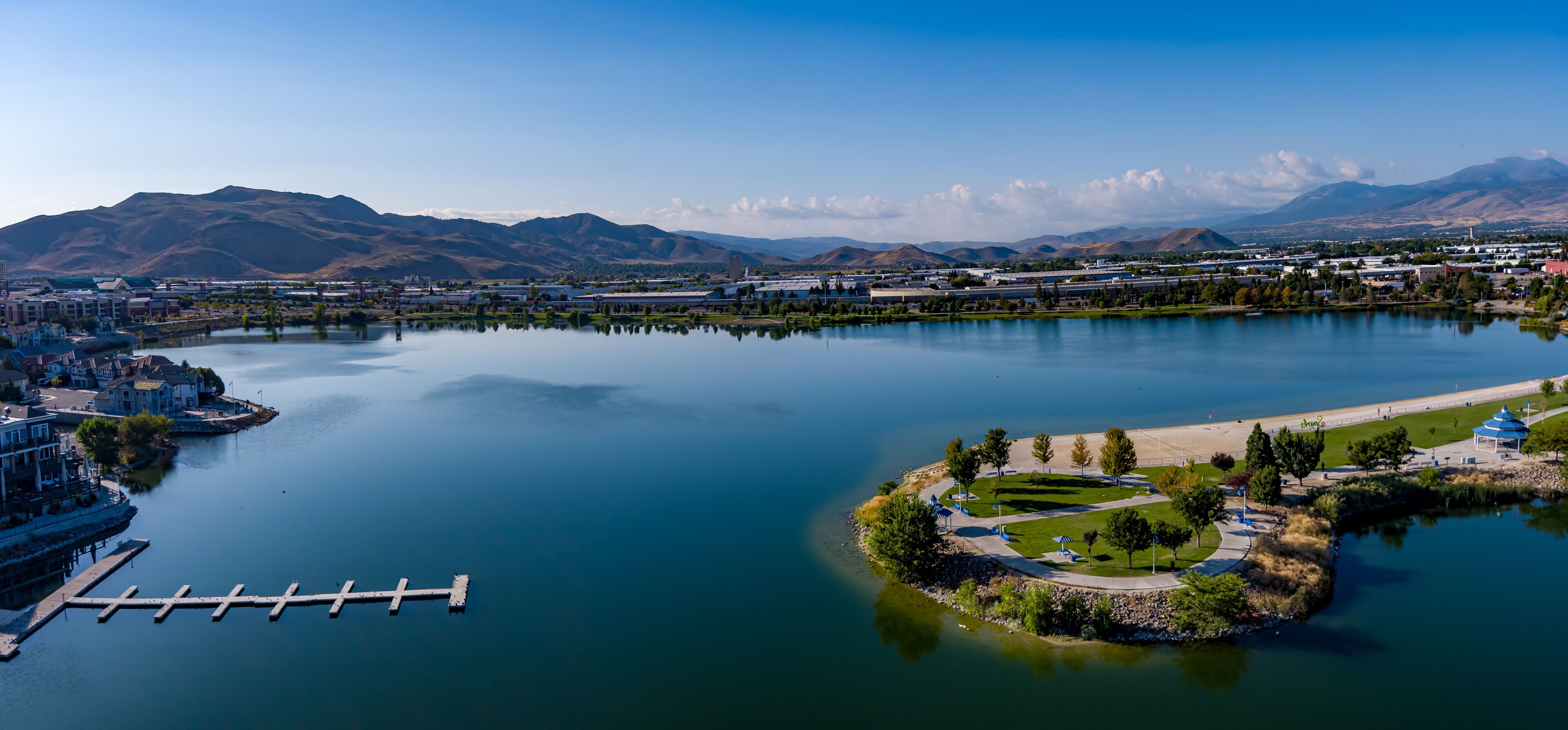 Aerial view of the Sparks Marina park with Mt. Rose and Slide mountain in the background during early Autumn.
