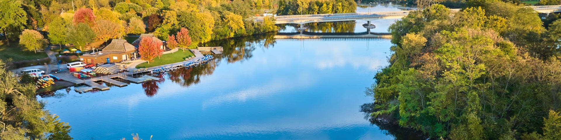 Aerial Autumn Lakeside Marina at Golden Hour, Michigan