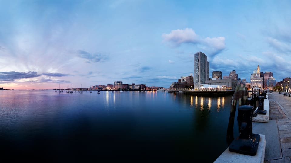 Boston harbor, Rowe's Wharf and the waterfront at sunrise