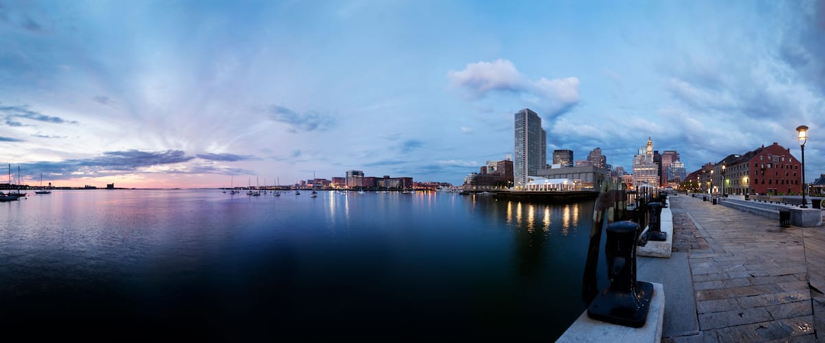 Boston harbor, Rowe's Wharf and the waterfront at sunrise