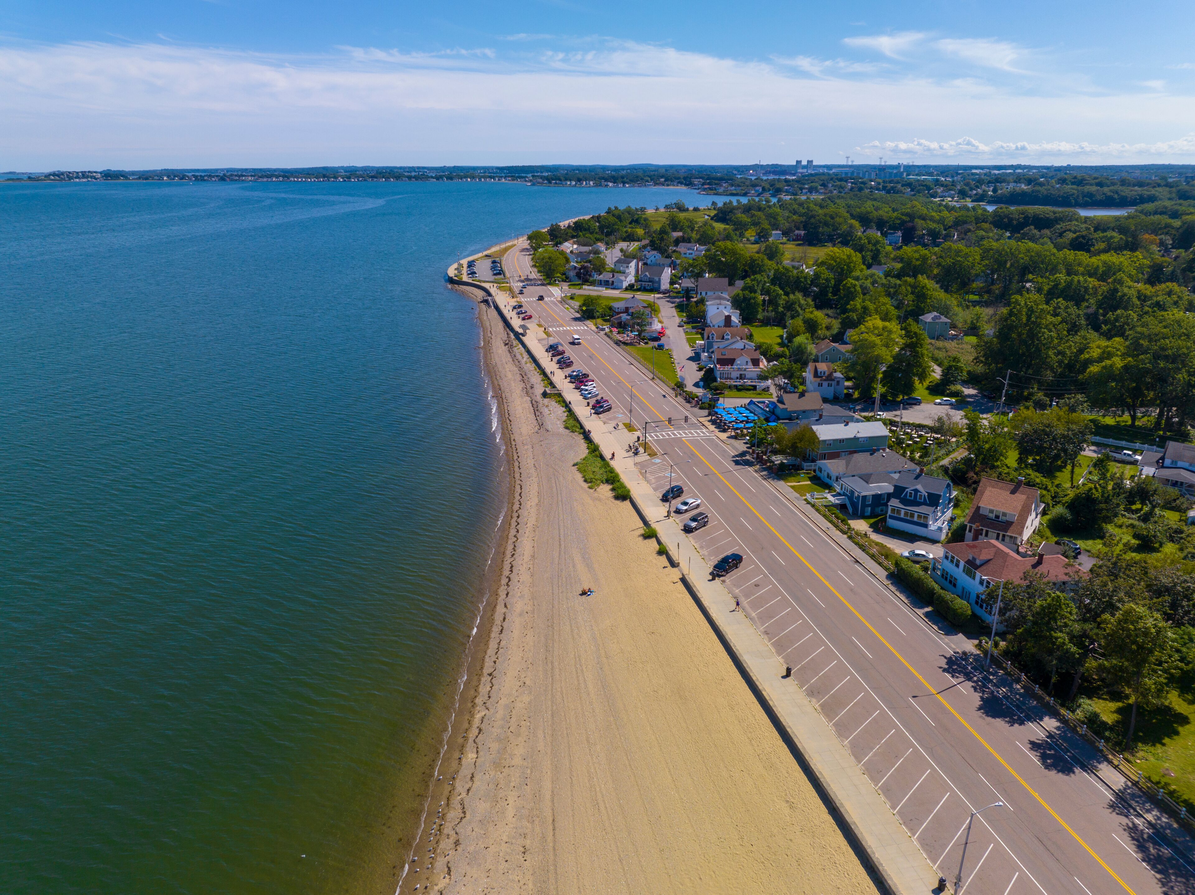Wollaston Beach aerial view and Quincy Shore Drive next to the beach in Quincy Bay in Wollaston, city of Quincy, Massachusetts MA, USA. 