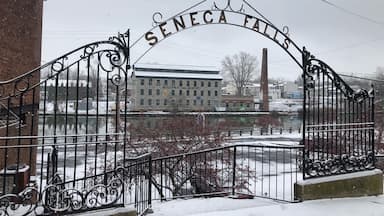 Una puerta cubierta de nieve con 'SENECA FALLS' escrito arriba, que da a un edificio con una chimenea.