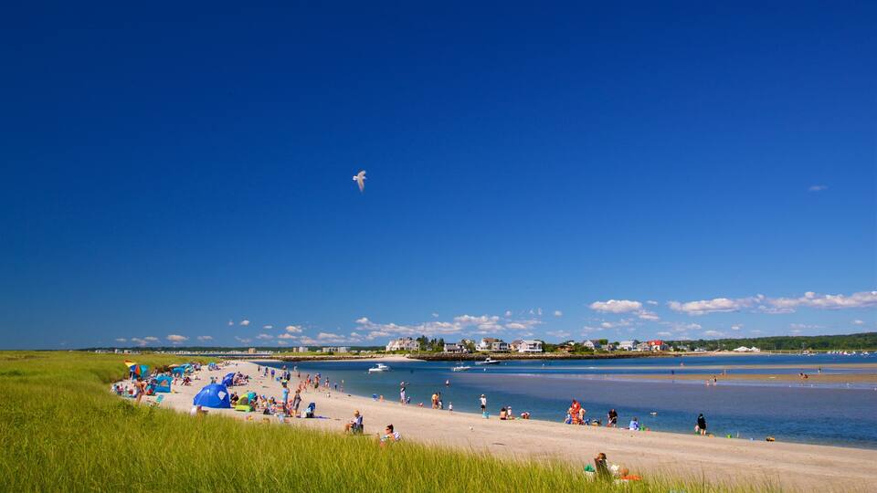 A beach with people, tents, and boats.