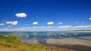 Paisagem costeira com céu azul límpido, nuvens esparsas e vários barcos na água.