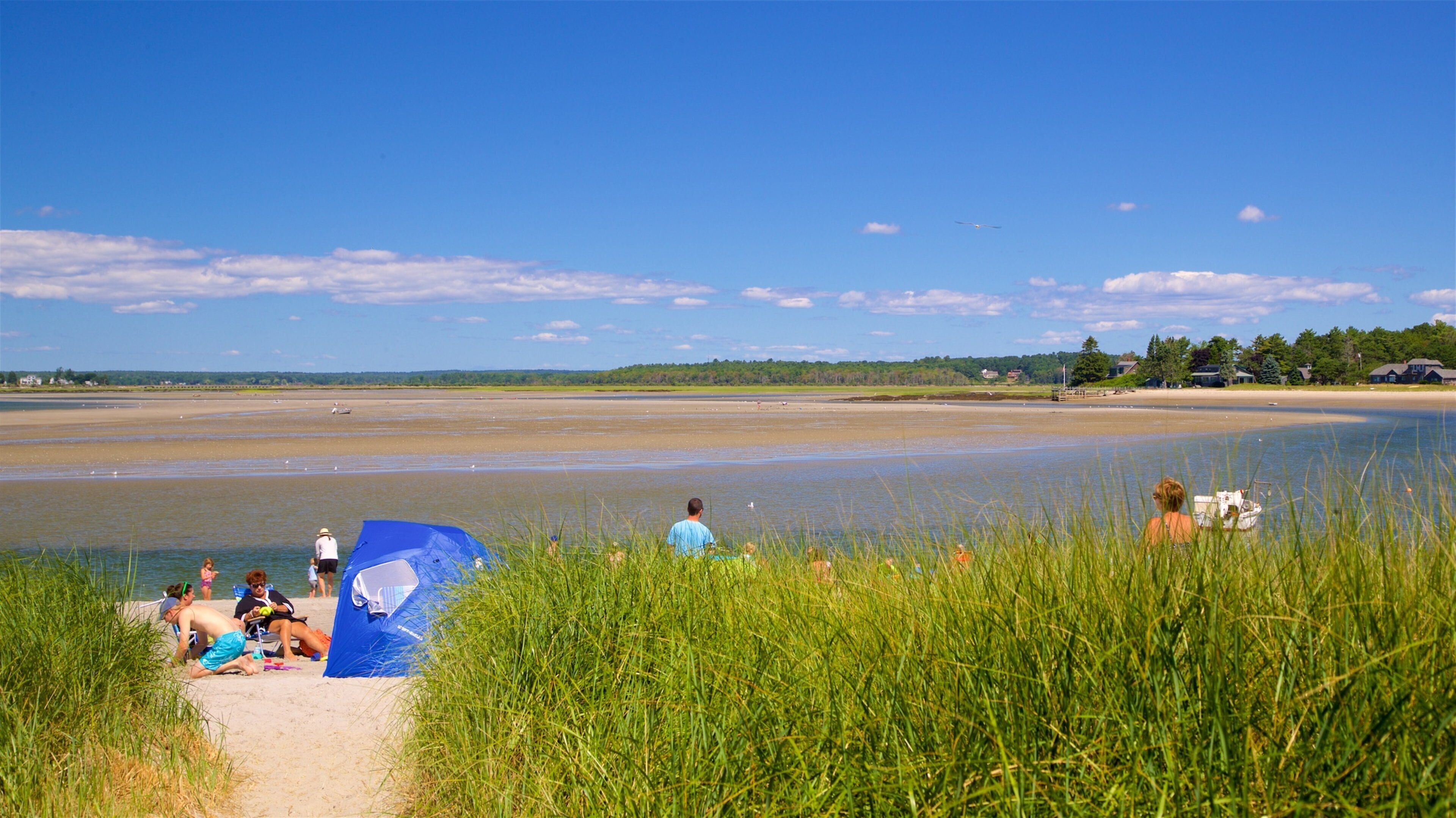 A beach with people relaxing, a tent, and a calm water body with a clear sky.