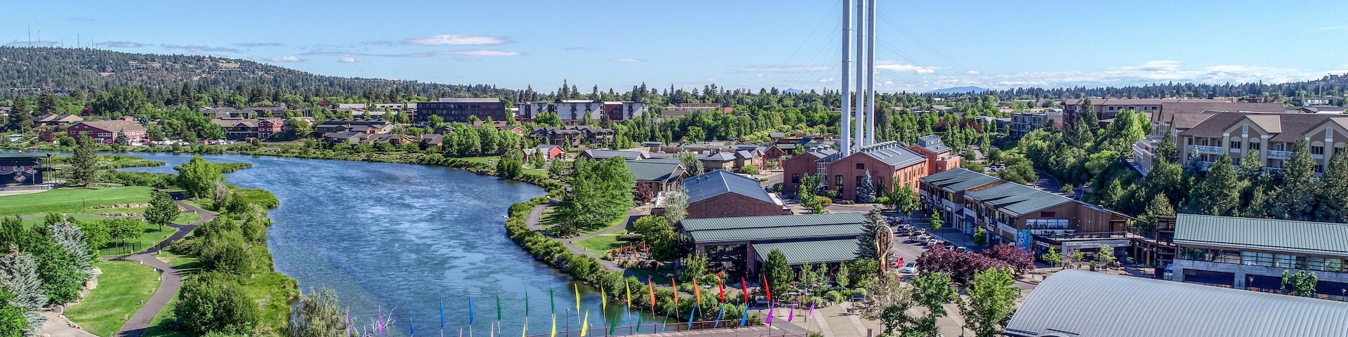 Summertime in Old Mill District on the Deschutes River in Bend, Oregon