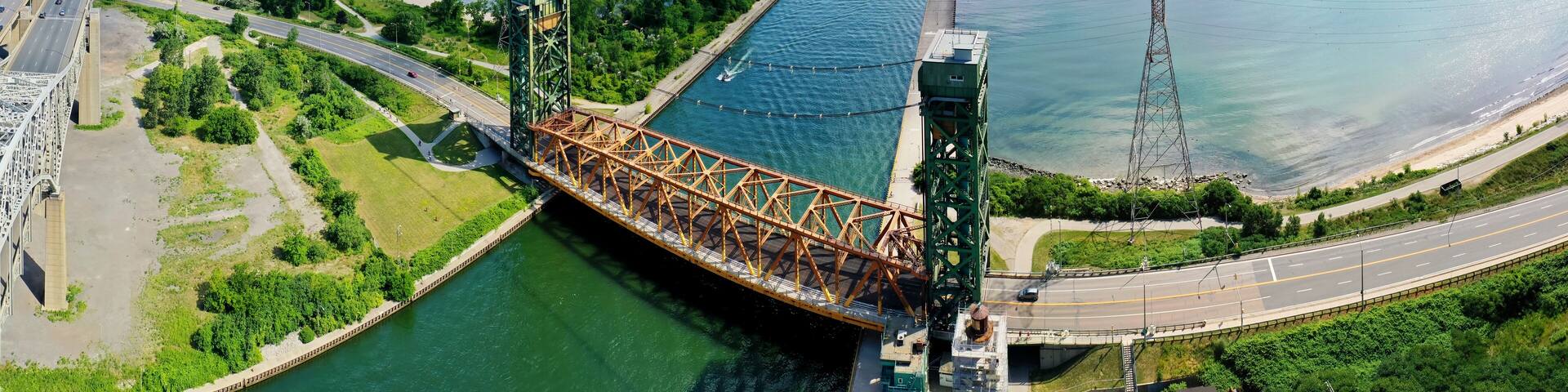 Aerial panorama of the lift bridge by the Burlington Skyway in Canada